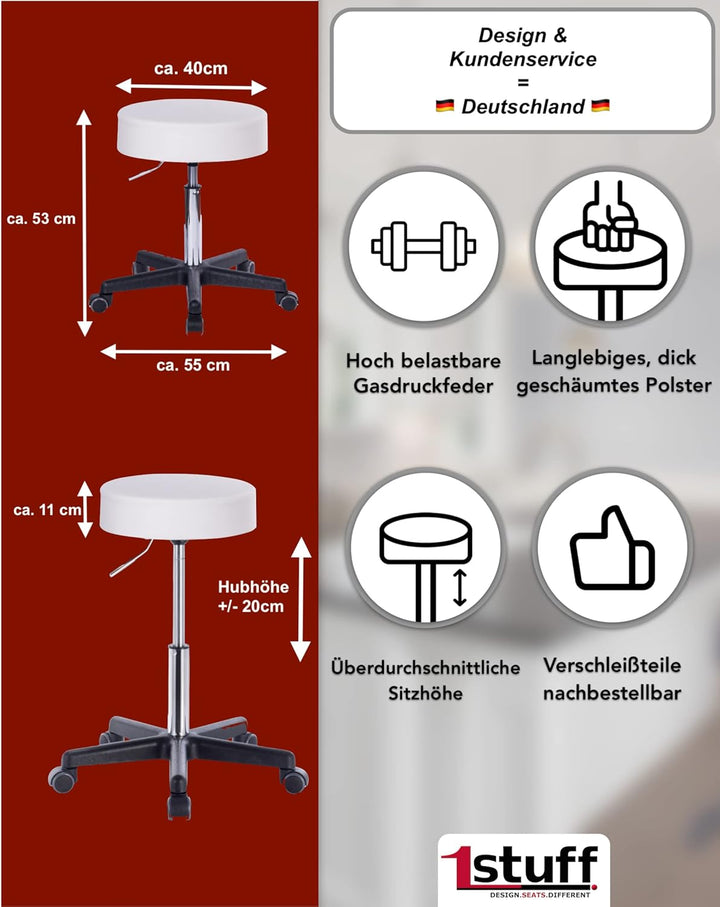 1stuff® XL Profi Rollhocker höhenverstellbar - 40 cm Sitzbreite - Sitzhöhe bis knapp 70cm - Arzthock