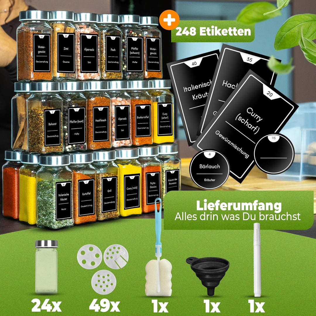 CLIDOR Gewürzgläser eckig [24 x 125ml], Luftdichte Gewürzgläser mit Streueinsatz + 248 wasserfeste G