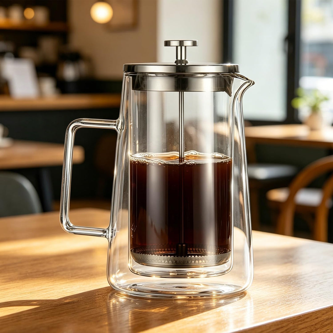 French Press 1 Liter, Grosse Kaffeebereiter, Thermo Doppelwand Design, Kaffeebereiter aus Borosilika