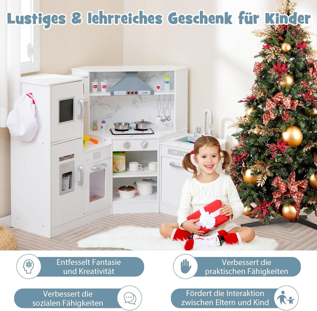DREAMADE Kinderküche aus Holz mit 16 TLG. Spielzubehör, Kinder Küche Eckküche mit Tafel Herd Spüle B