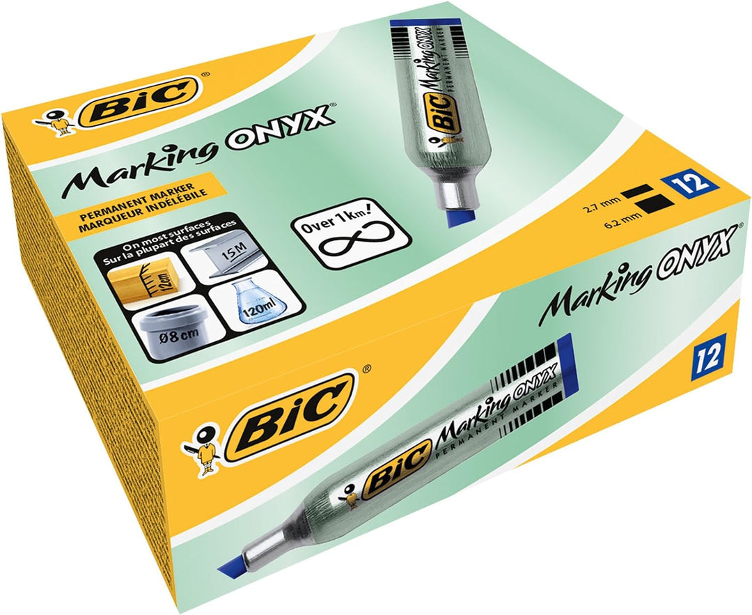 BIC Marking Onyx Permanent Marker, Wasserfester Stift, in Blau, 12er Pack, mit Keilspitze, Strichstä