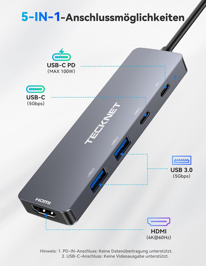 TECKNET 5-IN-1 USB-C Hub Verteiler 5Gbps, 4K@60Hz HDMI | USB C Splitter Stromversorgung PD 100W, Ada