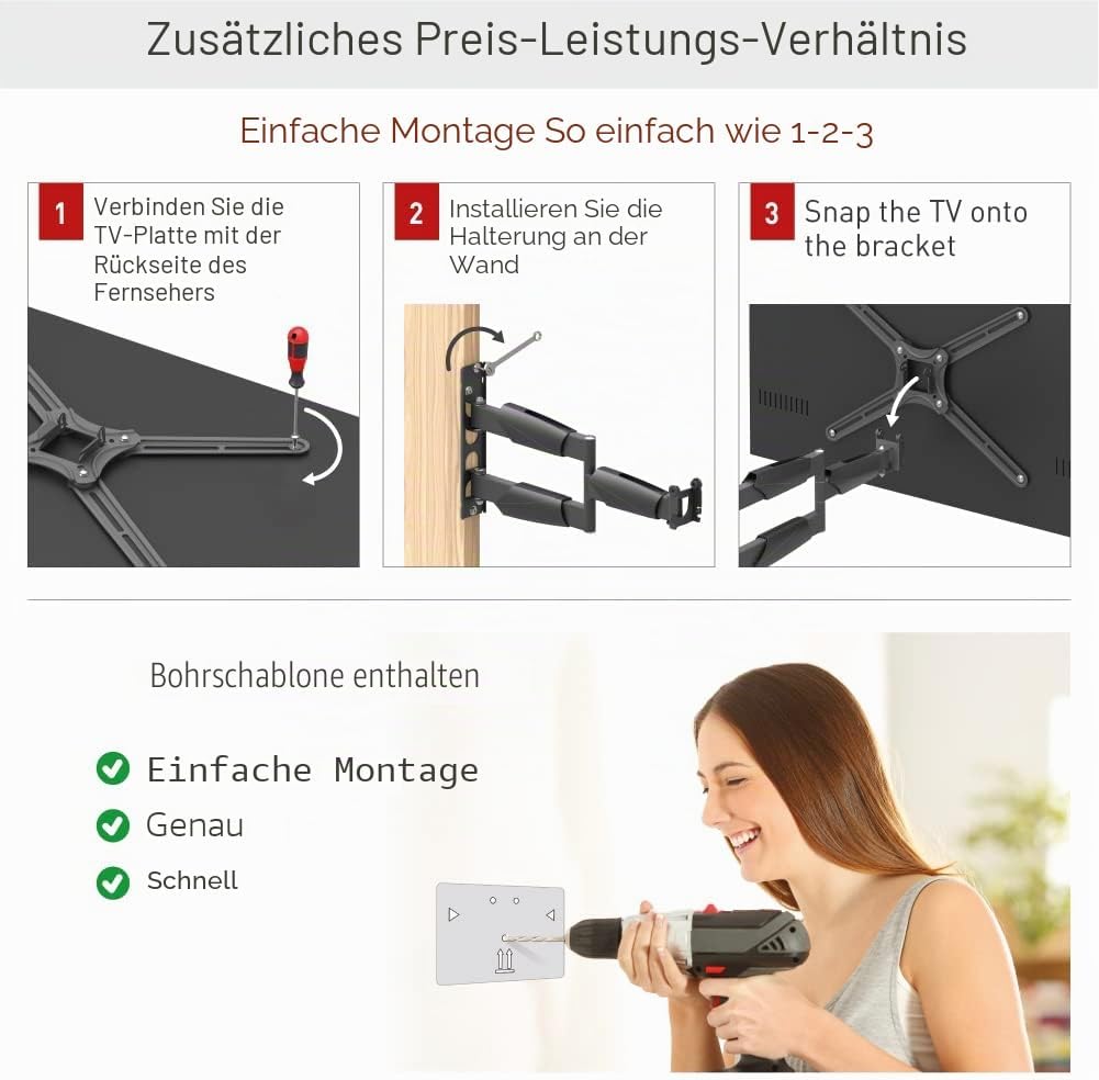 Barkan 53.5cm Lange TV Wandhalterung, 13-65 Zoll Schwenkbar/Neigbar/Vollbewegung luxuriösen TV Halte