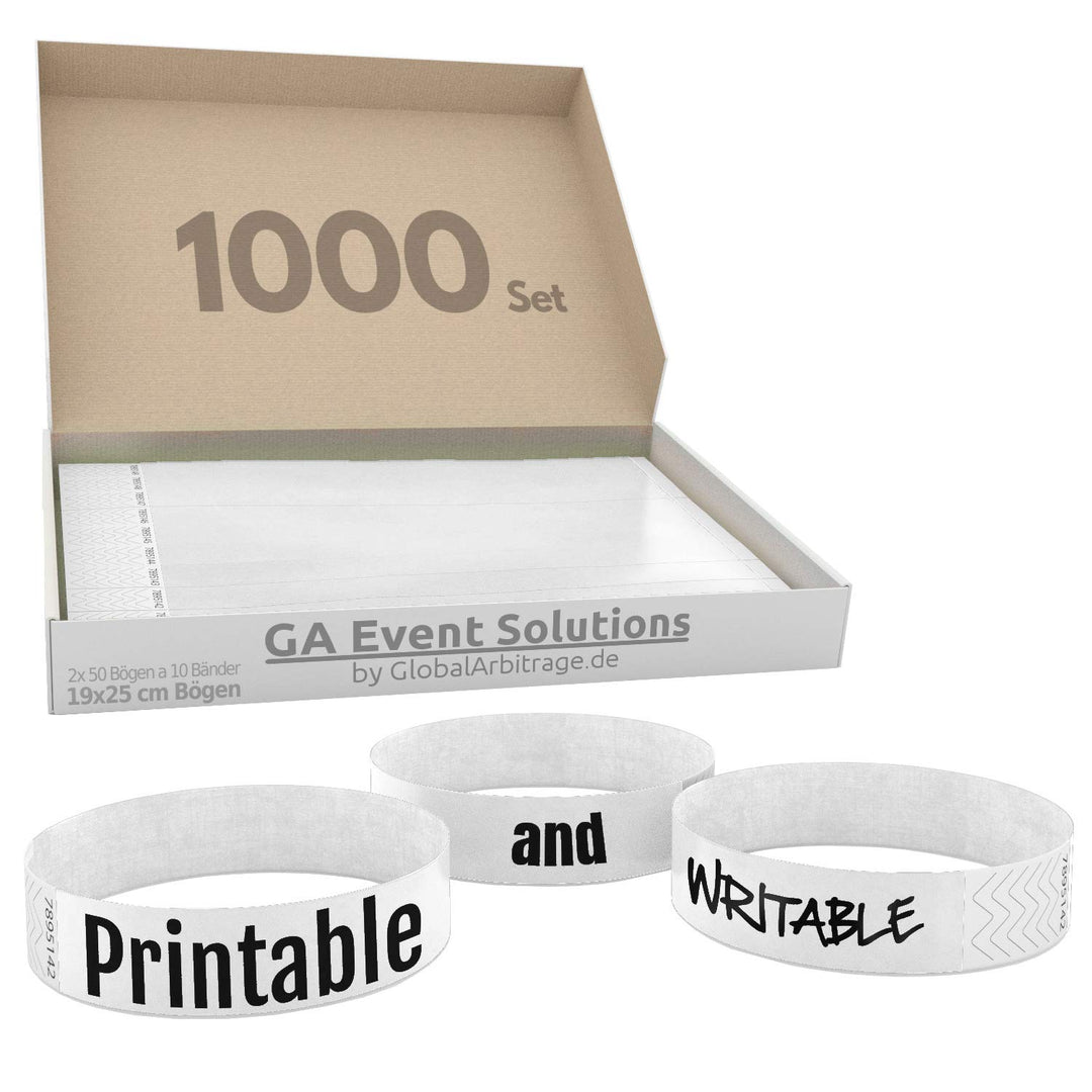 1000 Eintrittsbänder aus Tyvek zum selbst gestalten und bedrucken in Weiss von GA Event Solutions -