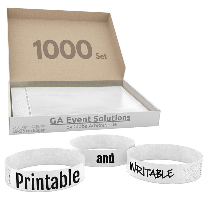 1000 Eintrittsbänder aus Tyvek zum selbst gestalten und bedrucken in Weiss von GA Event Solutions -
