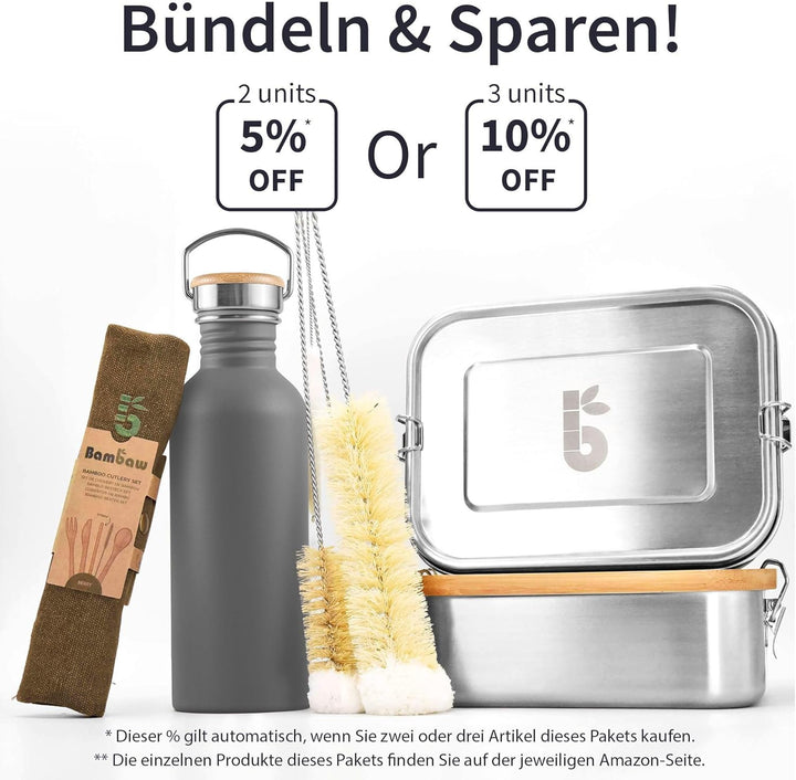 Bambaw Unisolierter Edelstahl-Wasserflasche, 900 ml, graues BPA-freies Metall, wiederverwendbar und