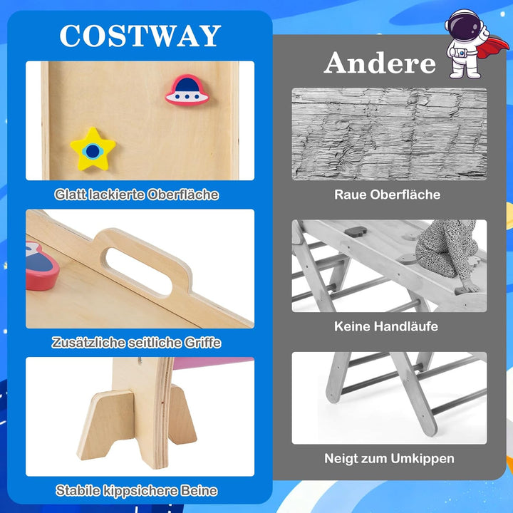 COSTWAY Klettergerüst Indoor 4er Set, klappabres Kletterdreieck mit Rutsche, Kletterbogen, Netz, ink