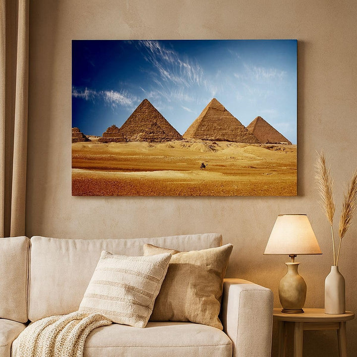 Bilder auf Leinwand 100x70cm Leinwandbild mit Rahmen Pyramide Wüste Sand Gross Wanddeko Bild Schlafz