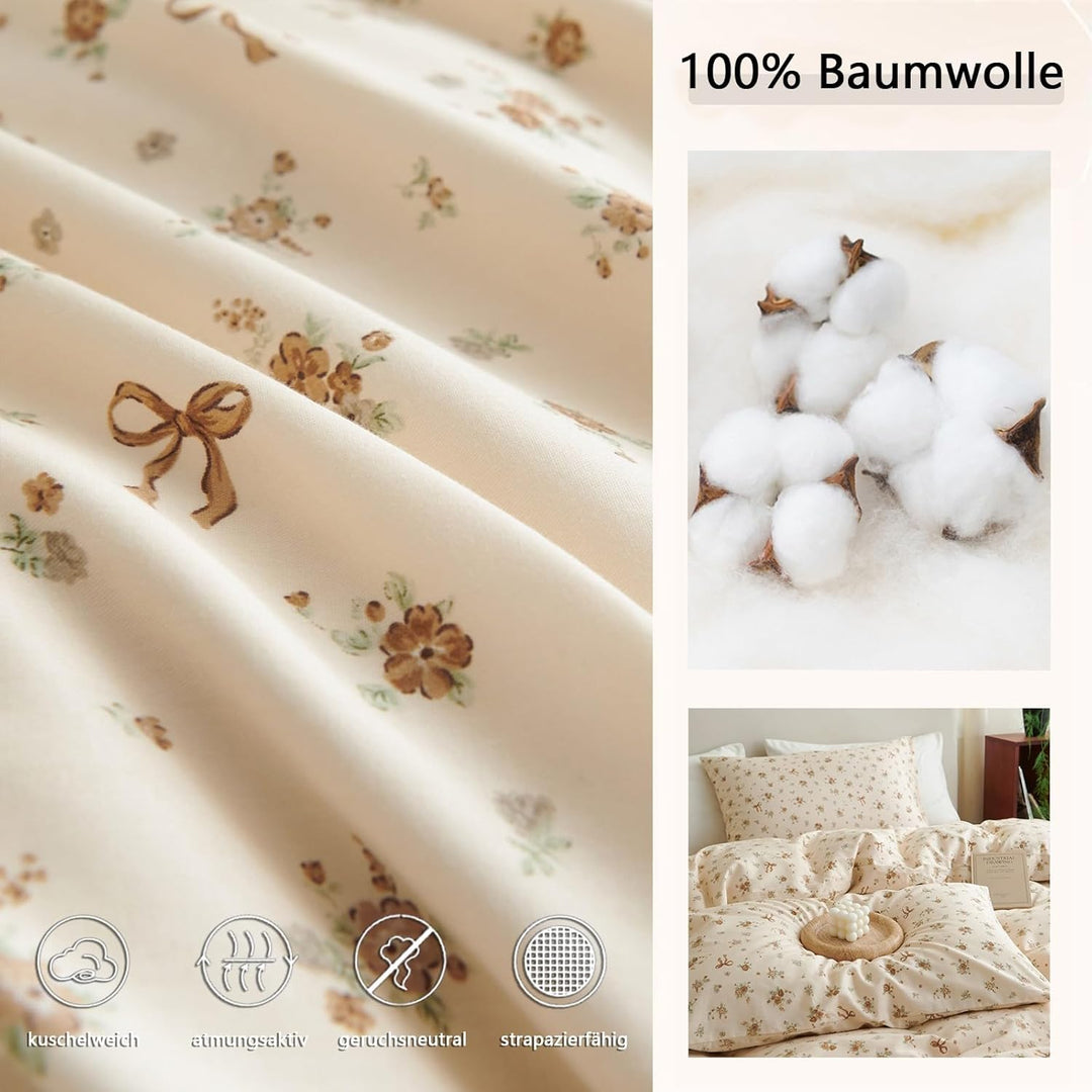 Tospass Baumwolle Bettwäsche Set 135x200cm Beige Khaki Grün Blumen Floral Schleife Mädchen Wendebett