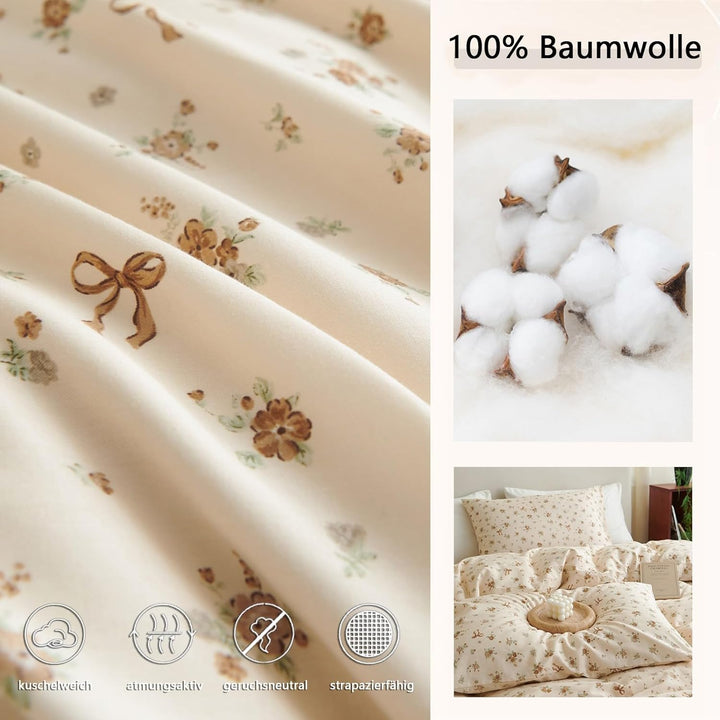 Tospass Baumwolle Bettwäsche Set 135x200cm Beige Khaki Grün Blumen Floral Schleife Mädchen Wendebett