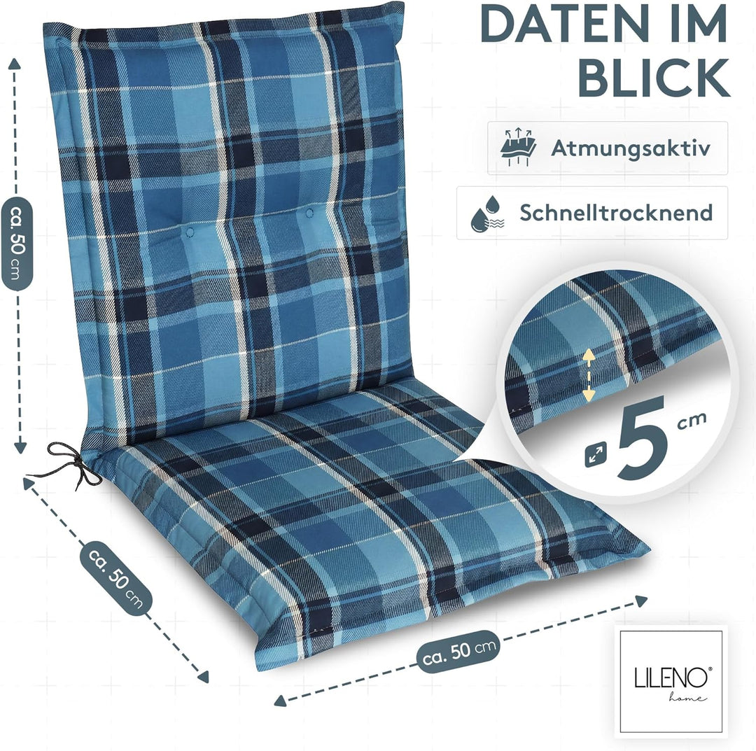 LILENO HOME Gartenstuhl Auflagen als [1er Set - Niedriglehner] in Karo Blau - bequeme Liegen als Sit