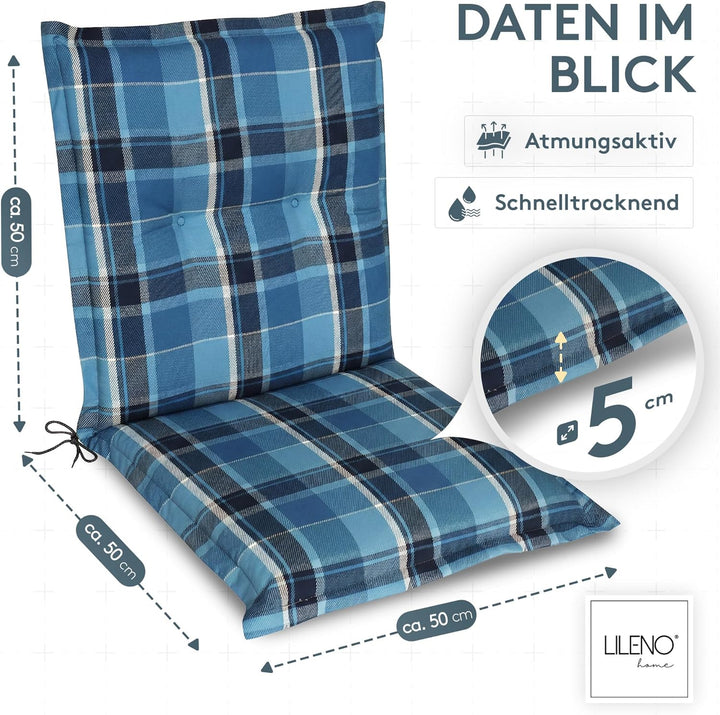 LILENO HOME Gartenstuhl Auflagen als [2er Set - Niedriglehner] in Karo Blau - Bequeme Liegen als Sit