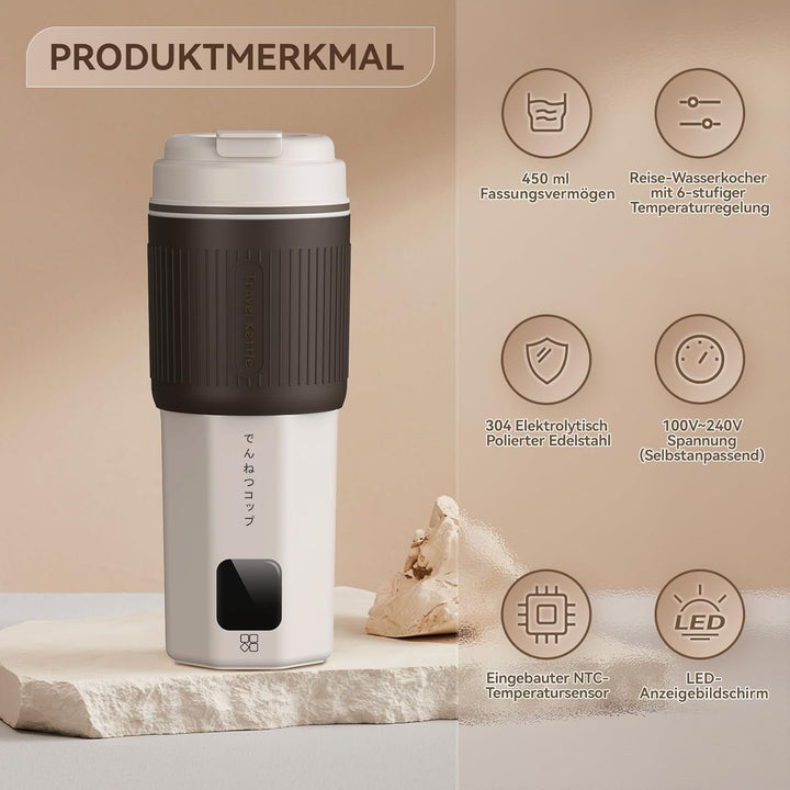 QianShouYan Reisewasserkocher Klein 450ml 300W mit 6 Stufen Temperaturregelung Mini Reise Wasserkoch