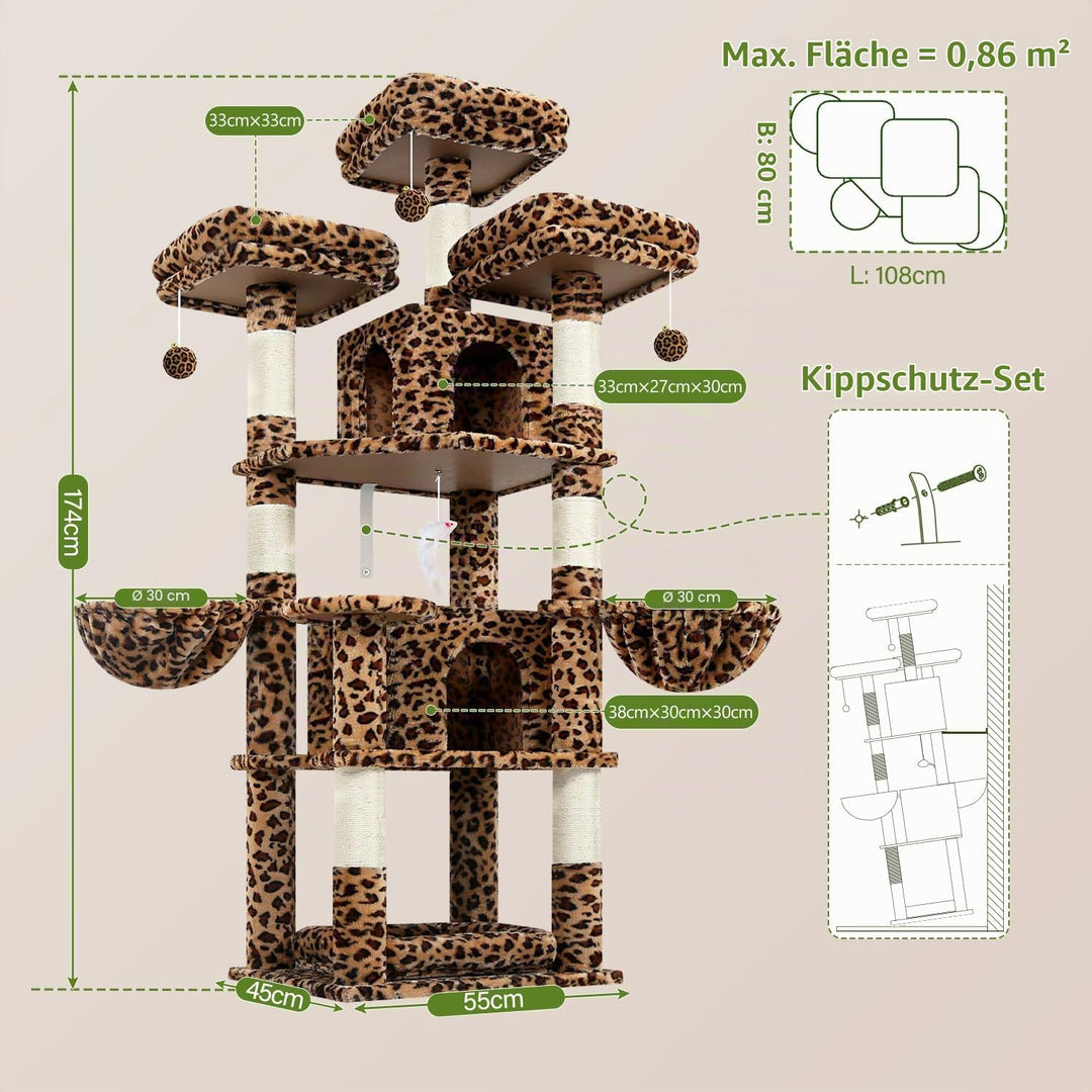 Globlazer Kratzbaum Leoparden Stabil 174 cm mit 3 Gepolsterte Sitzstangen, 2 Katzenhaus, 2 Korb, Abn