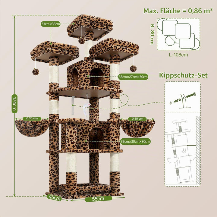 Globlazer Kratzbaum Leoparden Stabil 174 cm mit 3 Gepolsterte Sitzstangen, 2 Katzenhaus, 2 Korb, Abn