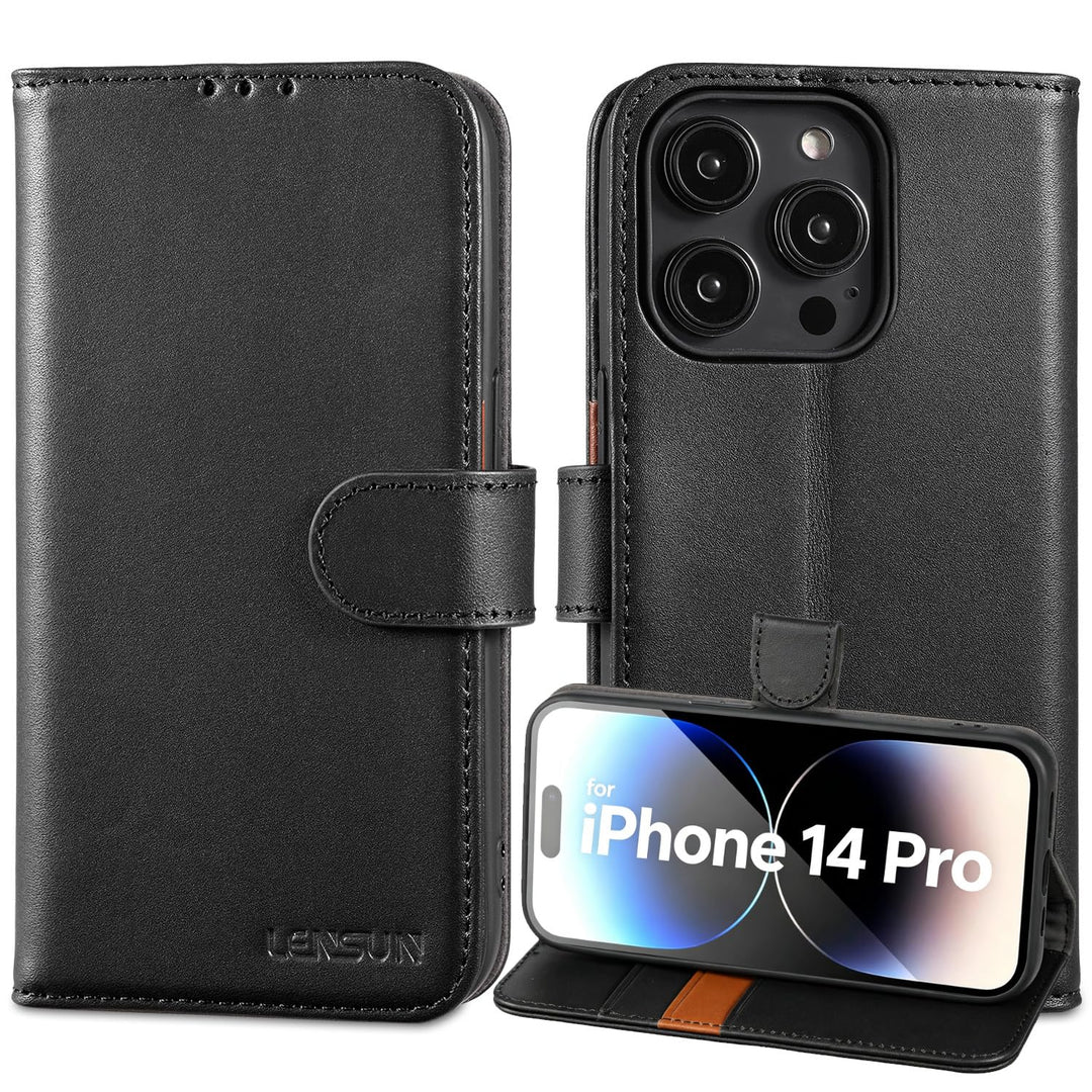 LENSUN Echtleder Hülle für iPhone 14 Pro, Handyhülle [Echtes Leder][Magnetverschluss][RFID Schutz] H