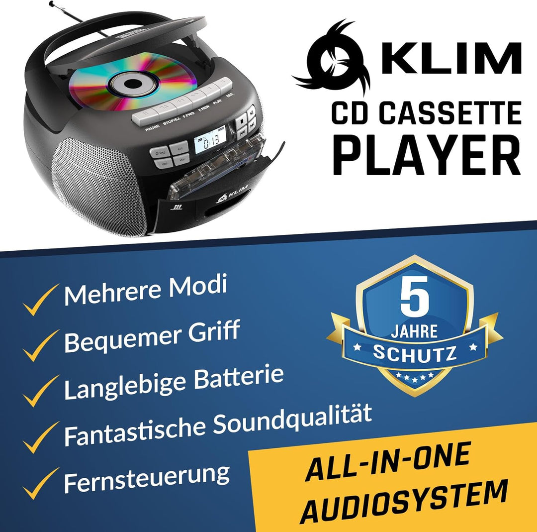 KLIM CD Player mit Kassette, Kassettenspieler, Kassettenrekorder, Radio mit CD und Kassette, CD Play