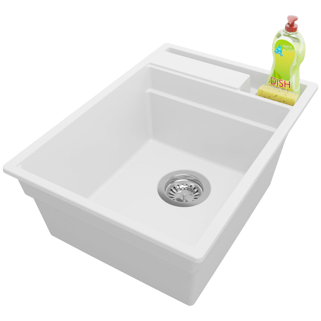 PRIMAGRAN Spülbecken Weiss 38x53cm, Granitspüle 1 Becken + Ablauf-Set, Küchenspüle ab 40er Unterschr