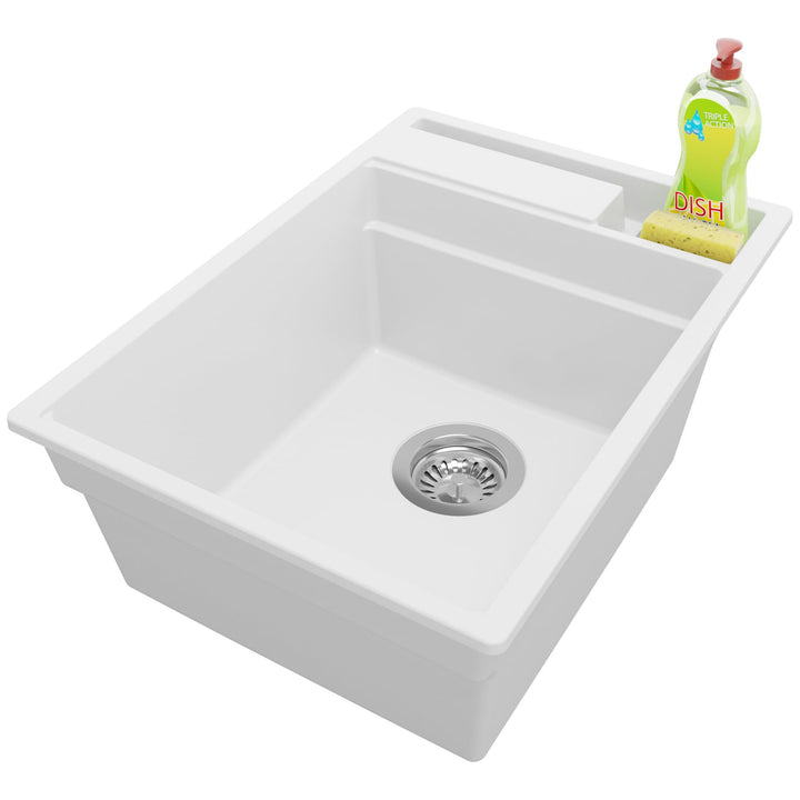 PRIMAGRAN Spülbecken Weiss 38x53cm, Granitspüle 1 Becken + Ablauf-Set, Küchenspüle ab 40er Unterschr