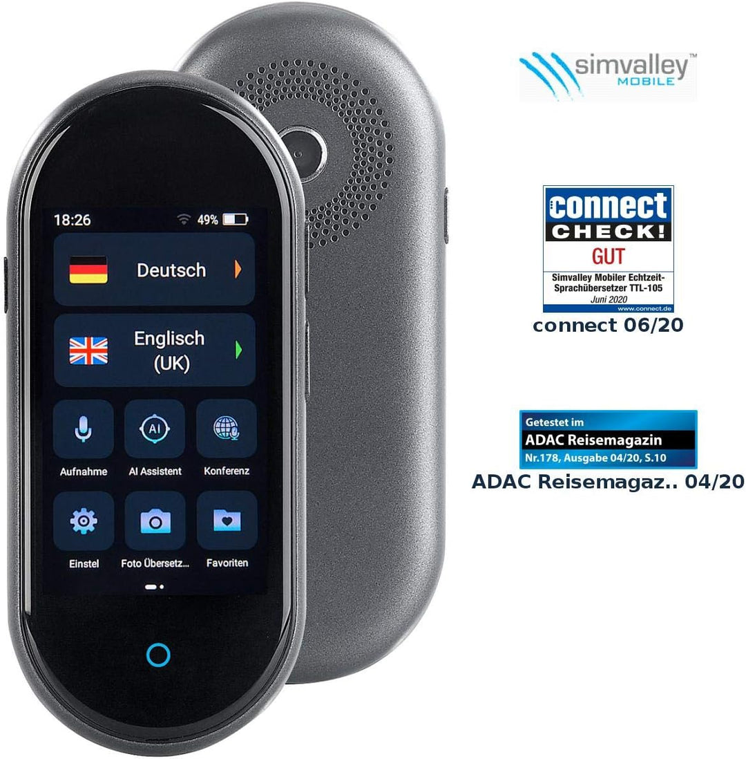 simvalley MOBILE Übersetzer: Mobiler Echtzeit-Sprachübersetzer; 106 Sprachen; Touchscreen; Kamera (E