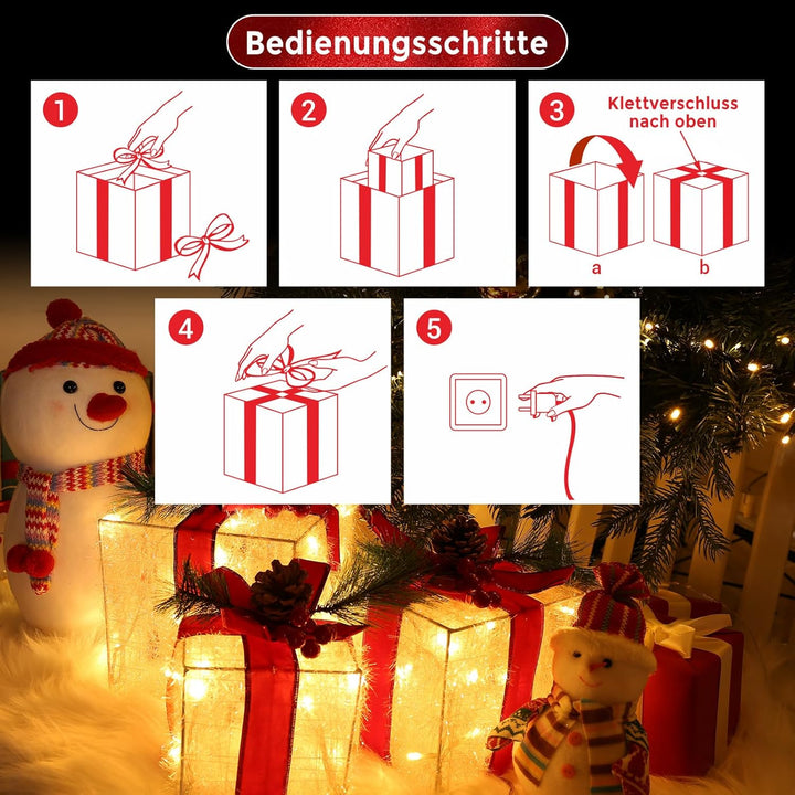 Elktry 3er LED Weihnachtsdeko innen, Geschenke Leucht Boxen mit Schleife aussen, Weihnachtenbox Bele