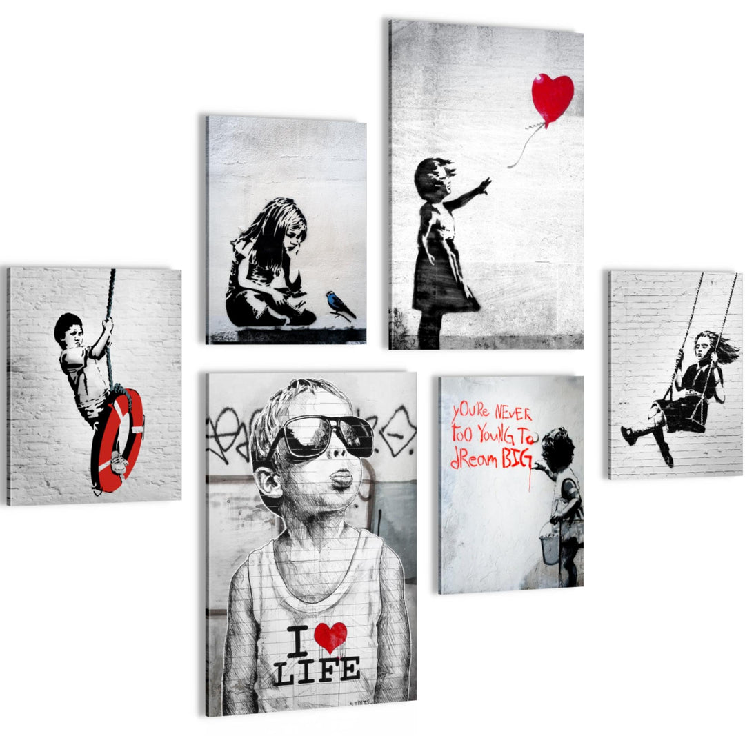 Novart Wandbilder Banksy Collage - KOMPLETT AUFHÄNGFERTIG - Street Art Wohnzimmer Büro - 6 Moderne M