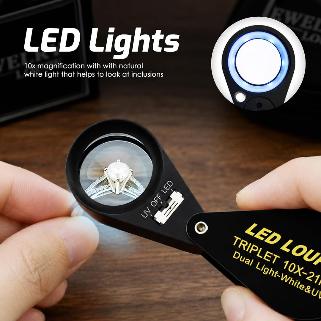 10x21mm Lupe Juwelier Lupe LED UV-Licht Triplet Objektiv Vergrösserungsstein Optisches Werkzeug 10-f
