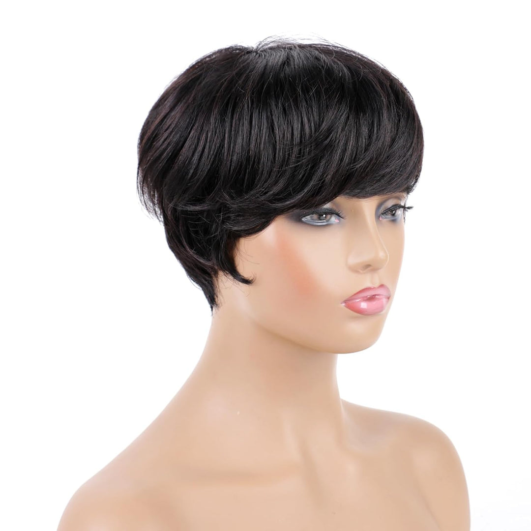 Huarisi Short Layered Pixie Cut Wig with Bangs Human Hair for Black Women Glueless Bob Wigs None Lac