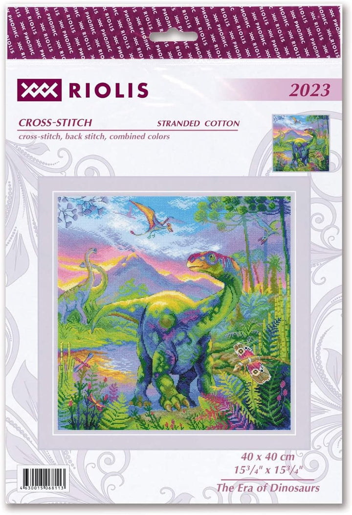 Riolis Kreuzstich Set Das Zeitalter der Dinosaurier, Zählmuster, 40x40cm