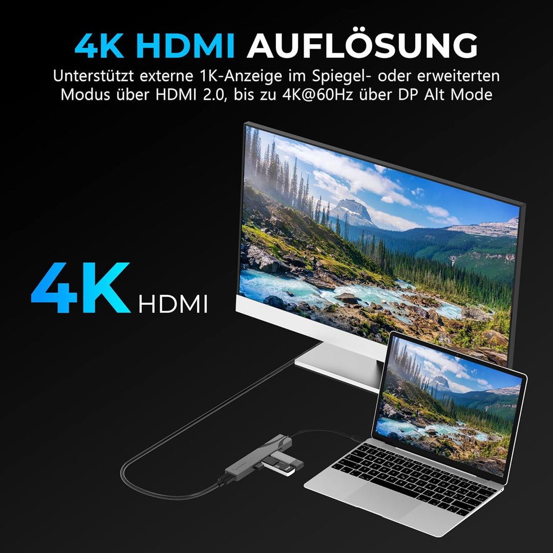 SABRENT Multi-Port-USB-C-Hub mit HDMI 4K@60 Hz, 3X USB-Anschlüsse, unterstützt Power Delivery (PD3.0
