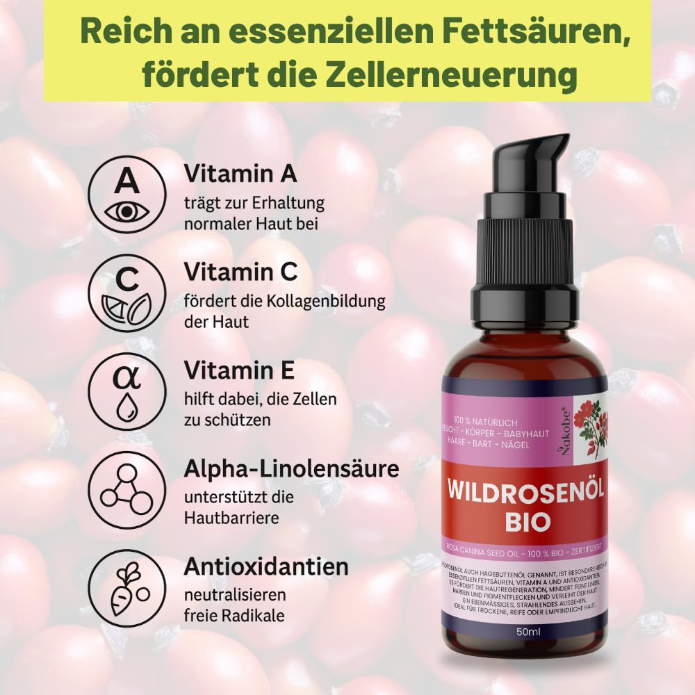 Wildrosenöl Bio 100ml – Kaltgepresst &amp; 100% naturrein – Rosa Canina – Pflegeöl in lichtgeschützter B