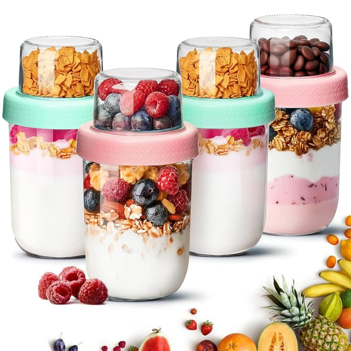 ComSaf 4er Overnight Oats Gläser, 480ml+120ml Müslibecher to go, Joghurtbecher mit Doppelschicht-Des