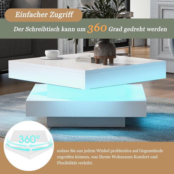 Merax Couchtisch Weiss Hochglanz quadratischer, Moderner Wohnzimmertisch mit drehbarer Platte, Beist
