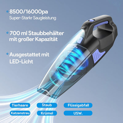 ALACRIS Handstaubsauger 16000PA starke Saugkraft, Handstaubsauger Akku(2500mAh*4) bis zu 40min Laufz