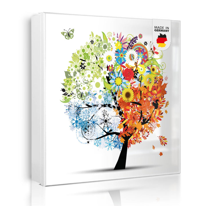 banjado® Grosser Schlüsselkasten Glas/Schlüsselbox 30cm x 30cm mit 50 Haken - Motiv Vier Jahreszeite