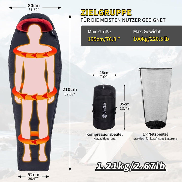 Daunenschlafsack, kleines packmass,650FP, RDS-Zertifiziert | Stegkonstruktion ,Für alle Jahreszeiten
