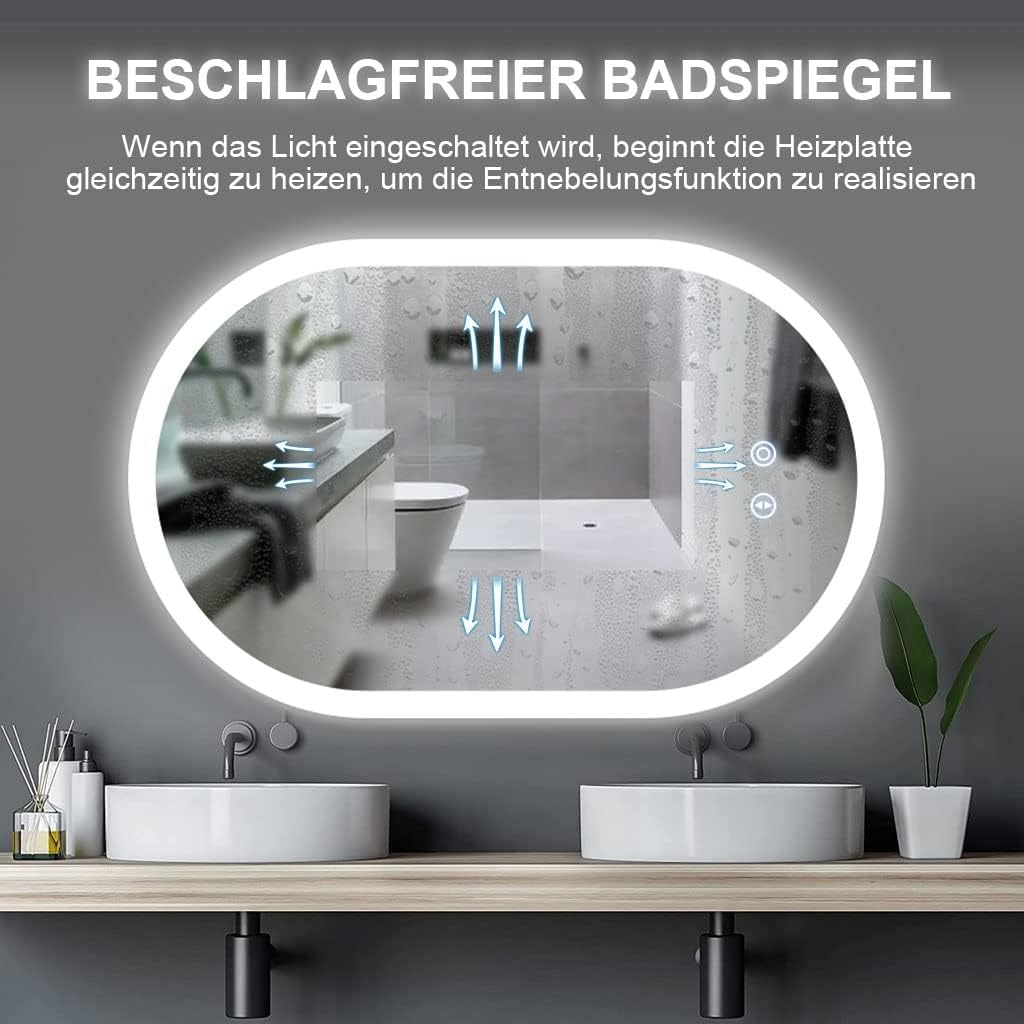 Badspiegel YOLEO Oval mit LED-Beleuchtung, Badezimmerspiegel Dimmbar 70x50cm, Beschlagfreier Wandspi
