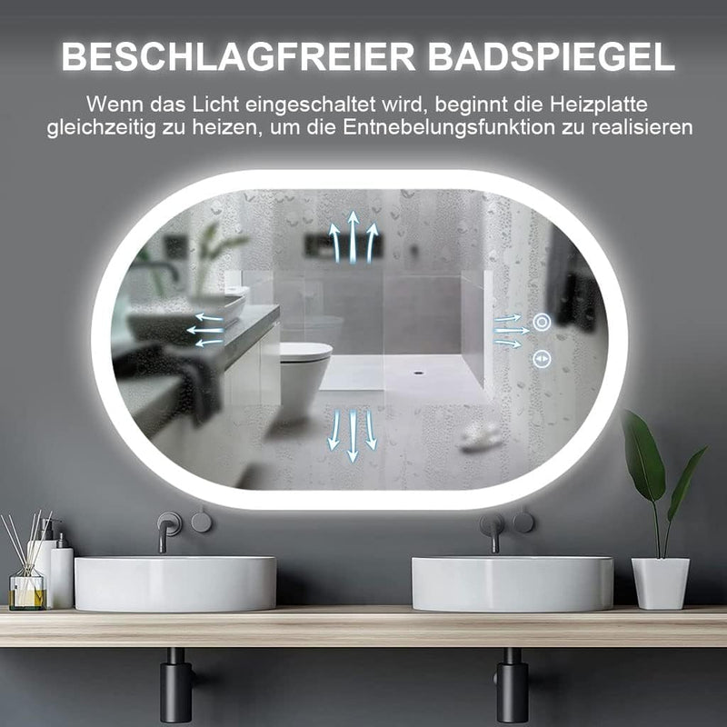 Badspiegel YOLEO Oval mit LED-Beleuchtung, Badezimmerspiegel Dimmbar 70x50cm, Beschlagfreier Wandspi