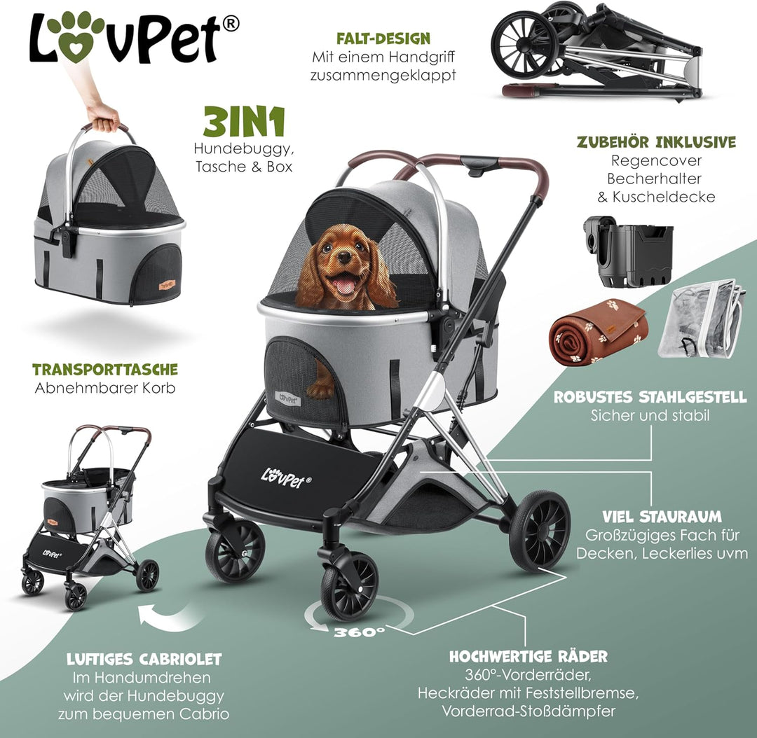 LOVPET® Hundewagen 3in1 Hundebuggy Hundebox Transporttasche 360° Grosse Räder Faltbar klappbar Haust
