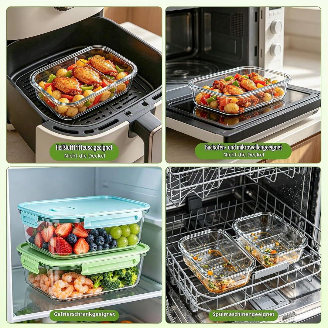 5 Stück Glasbehälter mit Deckel, 1040ml Meal Prep Boxen Glas, Glas Auflaufform für Airfryer Mikrowel