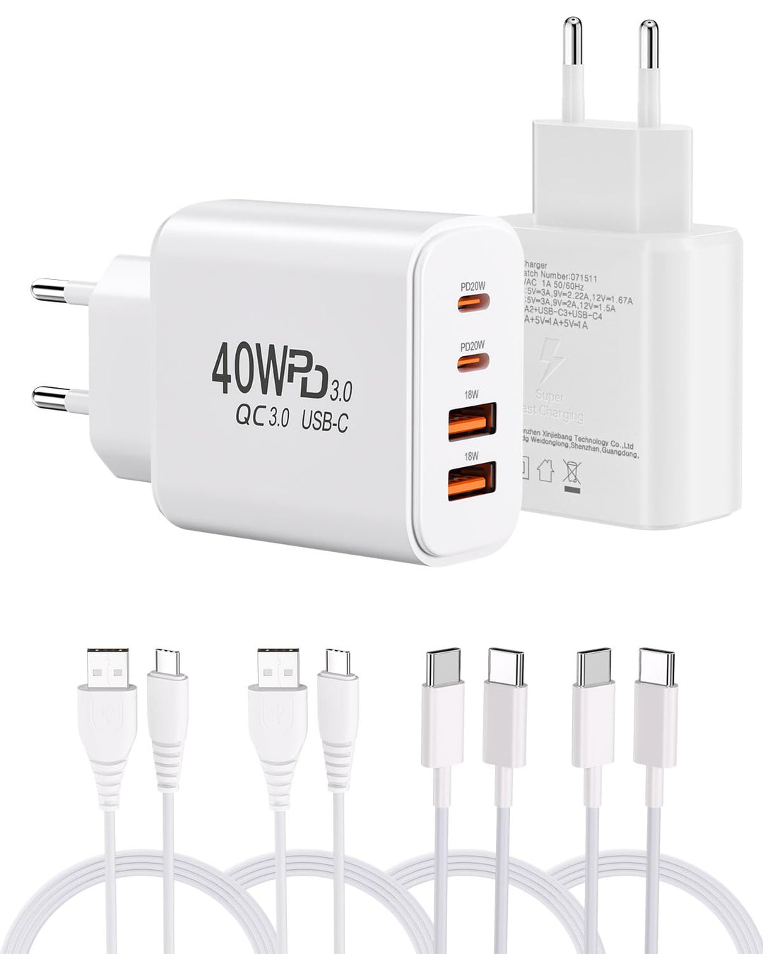 40W USB-Ladegerät mit 4 Kabeln, 2 USB-C + 2 USB-A Anschlüssen Wandladegerät für iPhone, Samsung, And