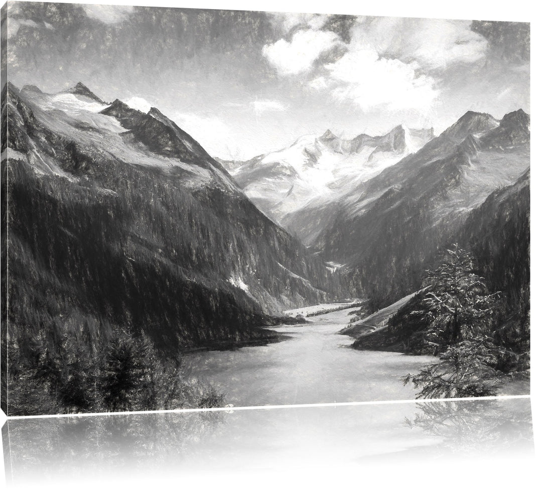 Pixxprint See zwischen Bergen als Leinwandbild/Grösse: 100x70 cm/Wandbild/Kunstdruck/fertig bespannt