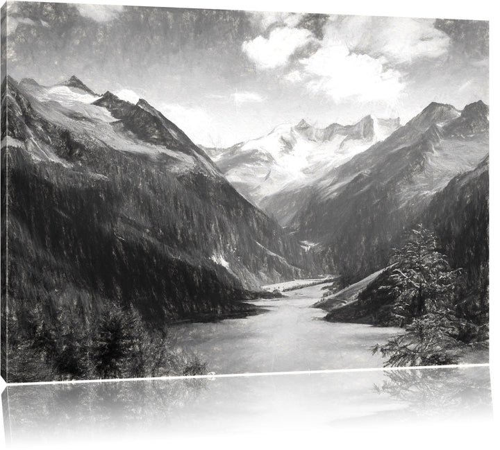 Pixxprint See zwischen Bergen als Leinwandbild/Grösse: 100x70 cm/Wandbild/Kunstdruck/fertig bespannt