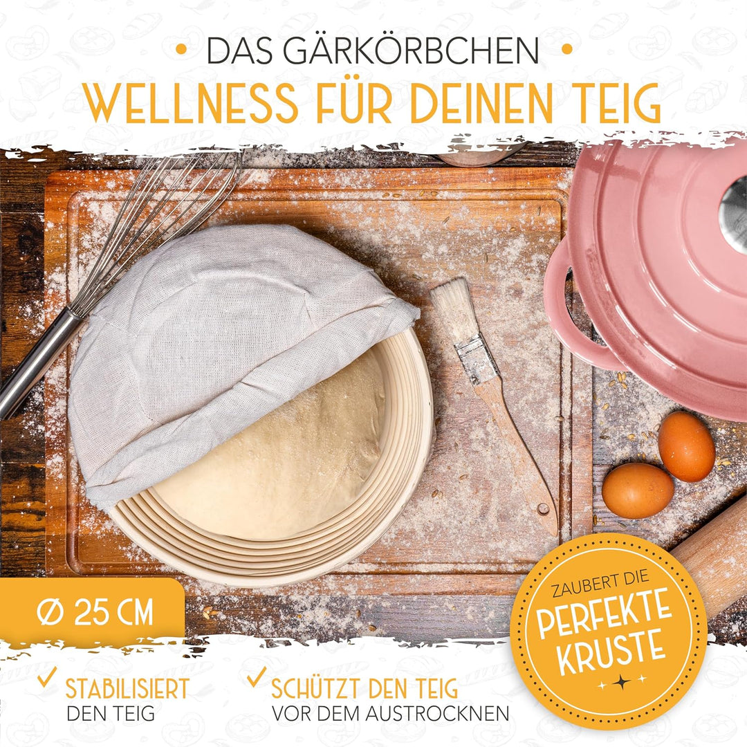 KRUSTENZAUBER Gusseisen Topf Brot backen emailliert inkl. Gärkorb - 26cm Emaille-Topf samt Zubehör -