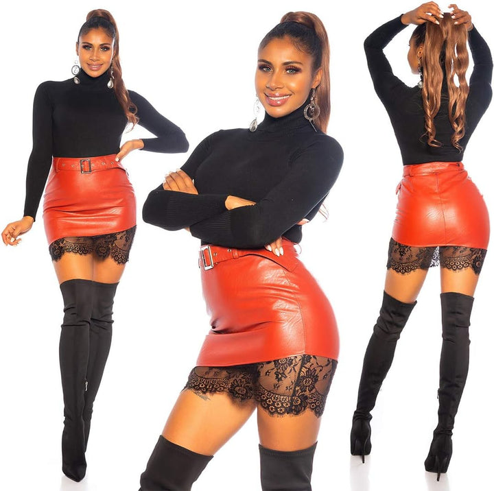 Koucla Lederlook Leder-Optik Rock Kunstleder Minirock mit Spitze und Gürtel, S Bordeaux