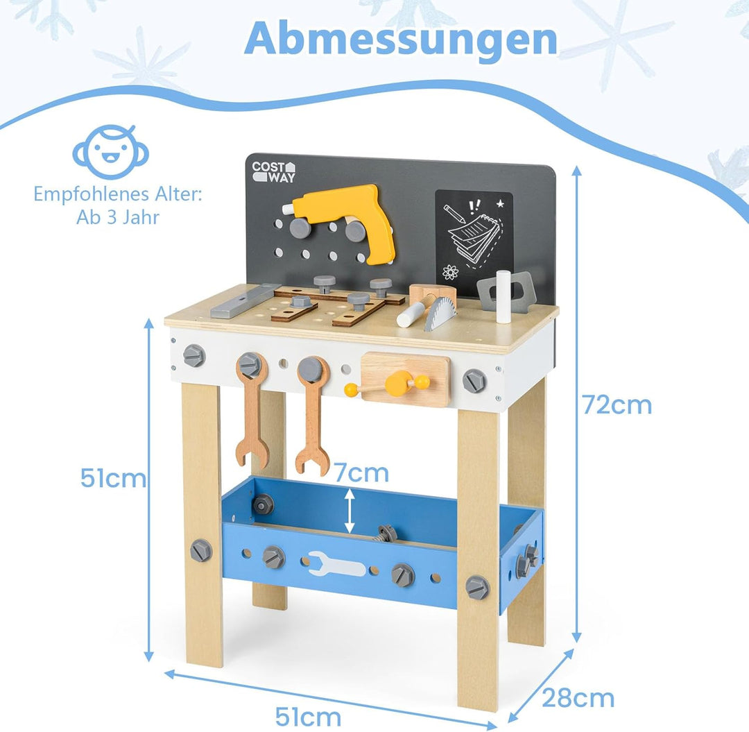 COSTWAY Werkbank Kinder, Kinderwerkbank Holz mit Stecktafel, Kreidetafel und Ablageregal, Werkzeugba