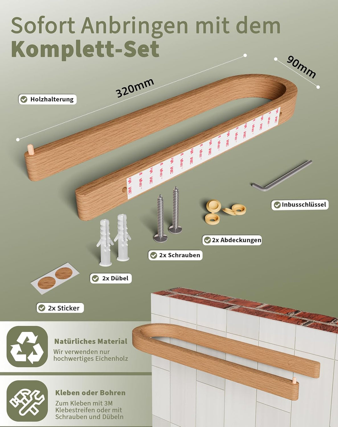 DEKAZIA® Handtuchhalter Holz Wand | Handtuchhalter ohne Bohren Holz | Handtuchstange aus nachhaltige