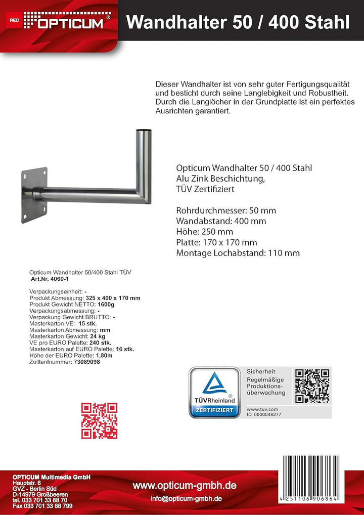 Opticum Stahl Wandhalter (Wandabstand: 40cm, Höhe: 25cm, Rohr: 50, TÜV zertifiziert) Stahl - Wandabs