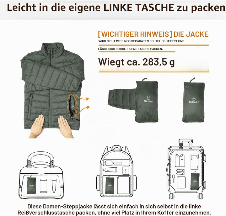 Outdoor Ventures Damen Steppjacke Leichte Warme Packbare Übergangsjacke Puffer Jacke für Frauen Gefü