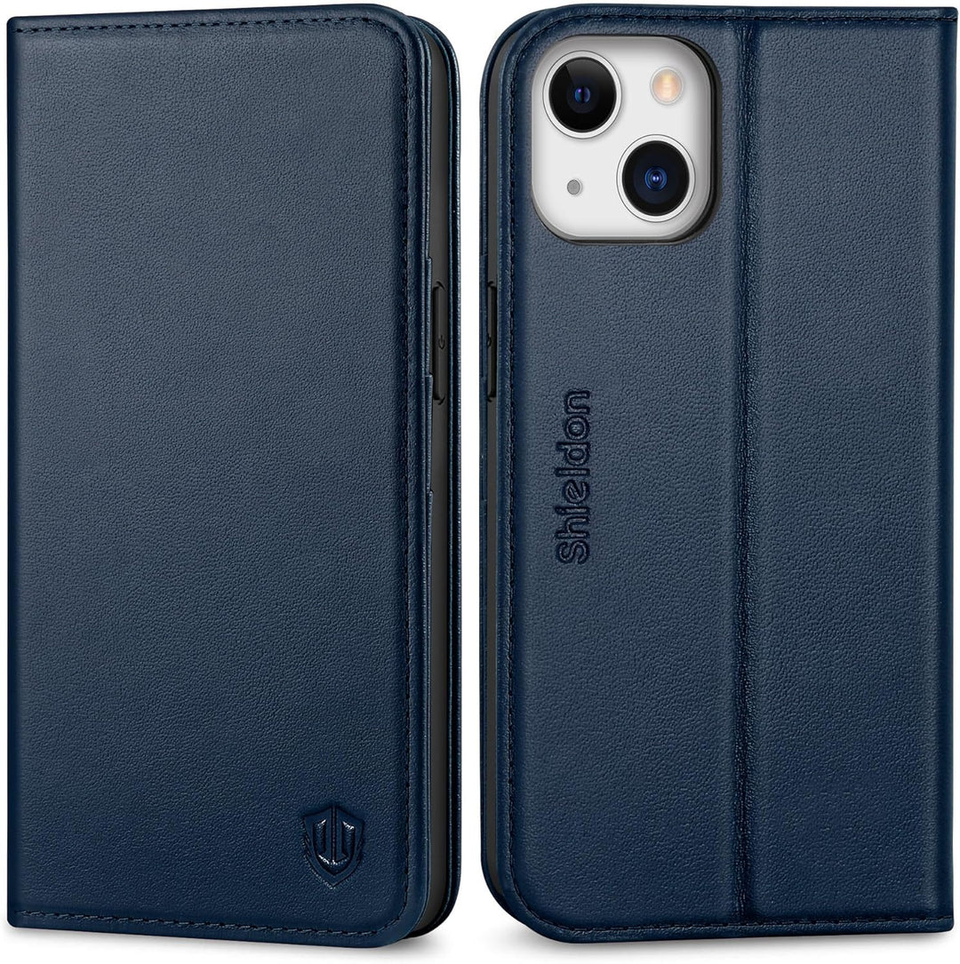 SHIELDON Hülle für iPhone 13, Handyhülle [Rindsleder] [Verdicht TPU] [Kartenfach] [Standfunktion] [M